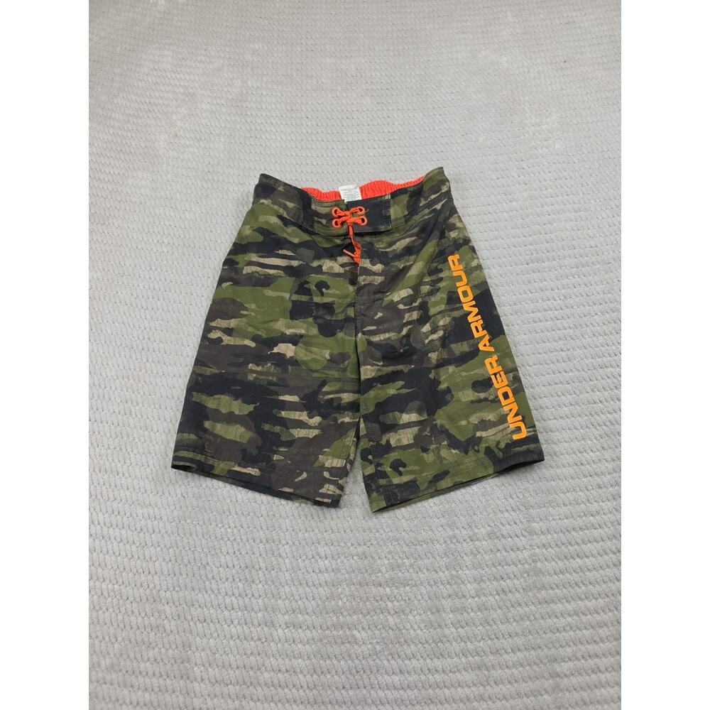 Under Armour Swim Trunks Boys Youth Small Camoflauge Orange Spell Out